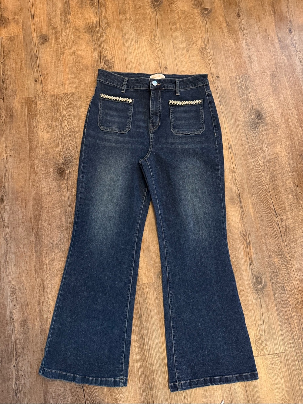 Copper Flash Dark Blue Women's Flare Jeans with Embellished Pockets - size 12